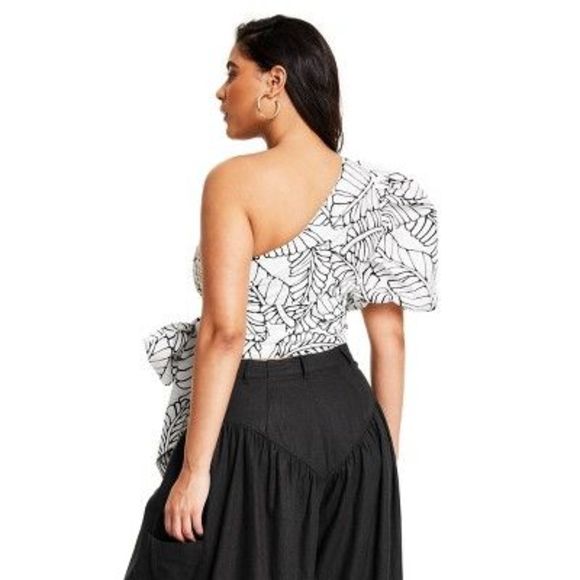 Women's Sketch Palm Leaf Print Wrap Tie One Shoulder Top - Fe Noel Black/Wh - Picture 4 of 5